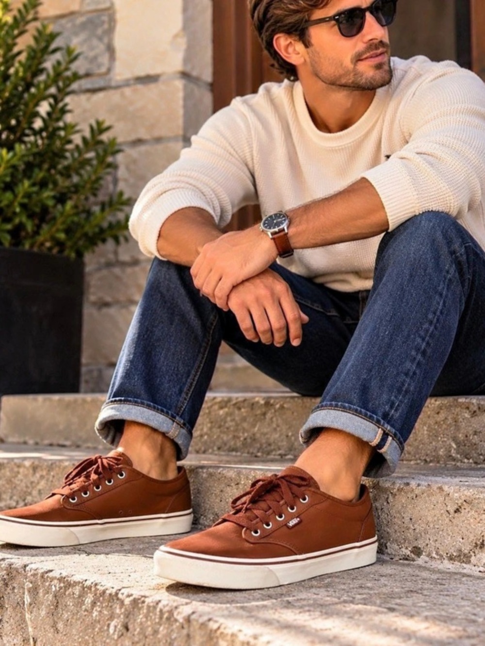 Vans Atwood Leather Sneakers in Brown/Marshmallow. Size 12